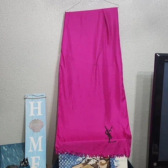 YSL Vintage Silk Scarf Pink Black Made In France - Picture 3 of 8
